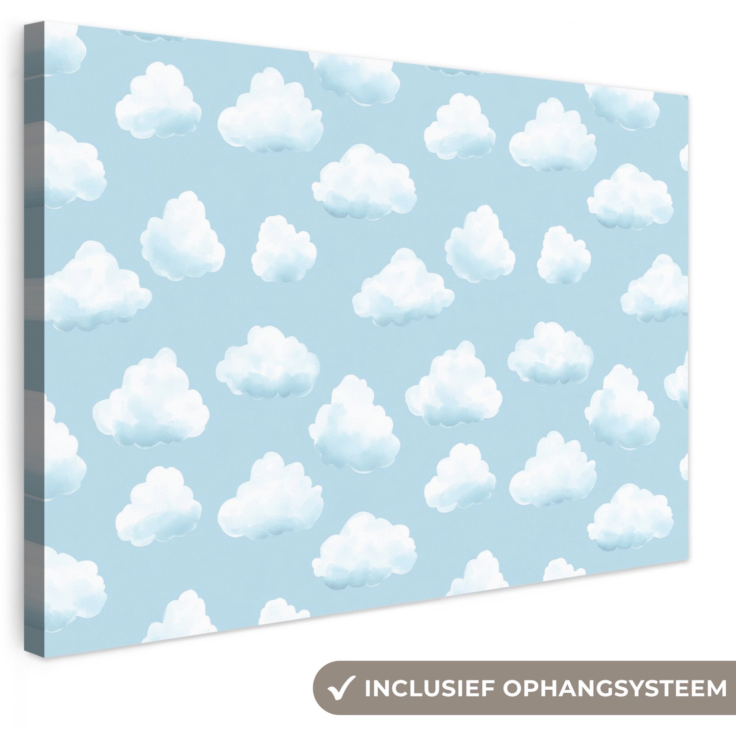 Canvas schilderij 60x40 cm - Exclusieve wanddecoratie Wolken - Illustratie - Blauw - Muurdecoratie woonkamer - Slaapkamer decoratie - Kamer accessoires - Schilderijen op canvas