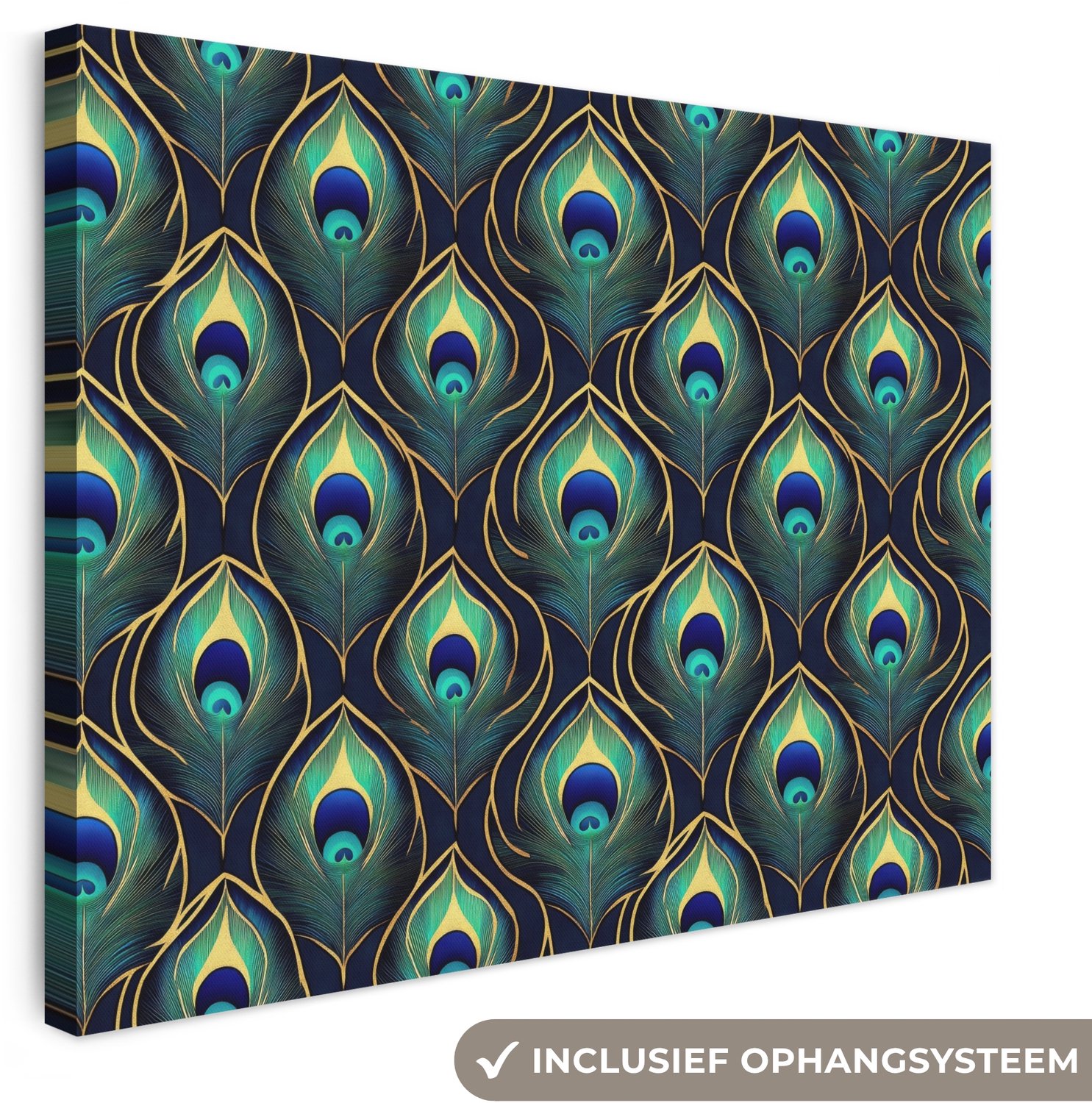 Canvas schilderij 40x30 cm - Exclusieve wanddecoratie Pauw - Veren - Groen - Muurdecoratie woonkamer - Slaapkamer decoratie - Kamer accessoires - Schilderijen op canvas