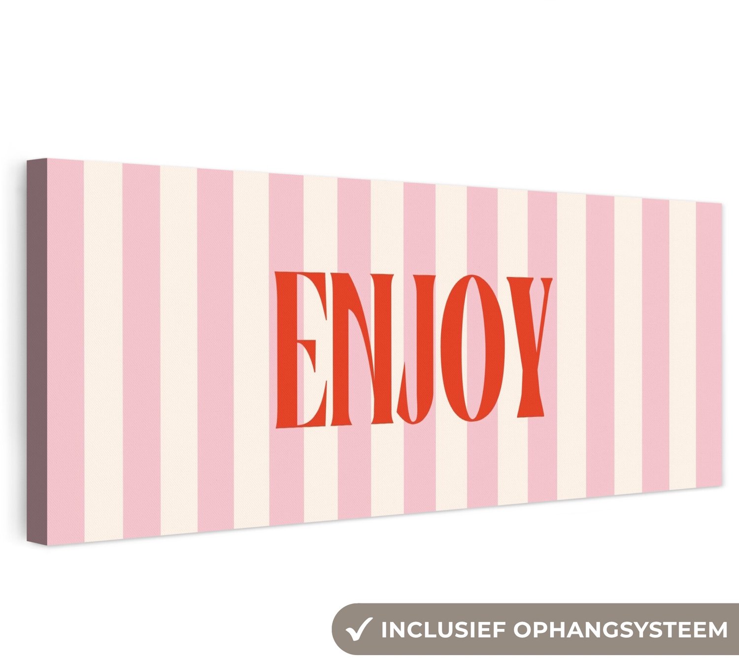 Canvas schilderij 90x30 cm - Exclusieve wanddecoratie Zachtroze - Rood - Strepen - Enjoy - Muurdecoratie woonkamer - Slaapkamer decoratie - Kamer accessoires - Schilderijen op canvas