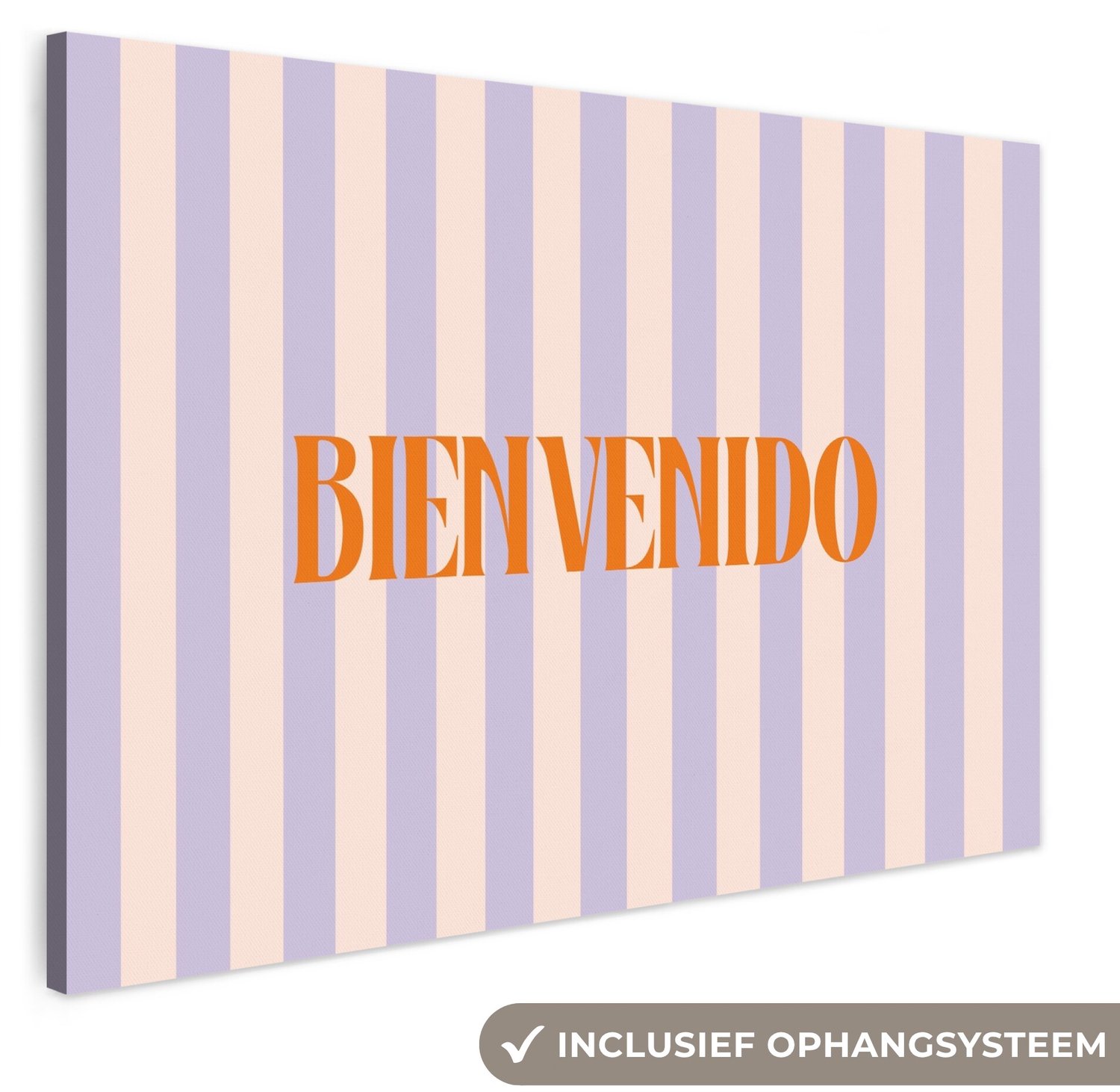 Canvas schilderij 180x120 cm - Exclusieve wanddecoratie Lila - Oranje - Strepen - Bienvenido - Muurdecoratie woonkamer - Slaapkamer decoratie - Kamer accessoires - Schilderijen op canvas groot XXL