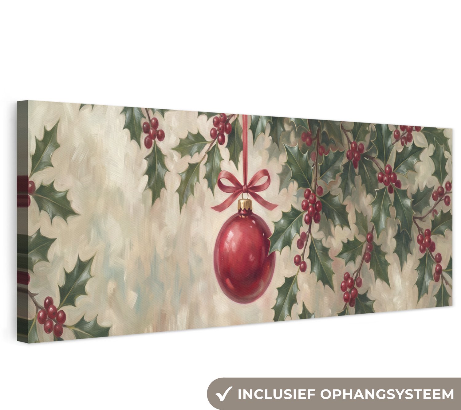 Canvas schilderij 150x50 cm - Exclusieve wanddecoratie Kerstbal - Hulst - Rood - Muurdecoratie woonkamer - Slaapkamer decoratie - Kamer accessoires - Schilderijen op canvas groot XXL