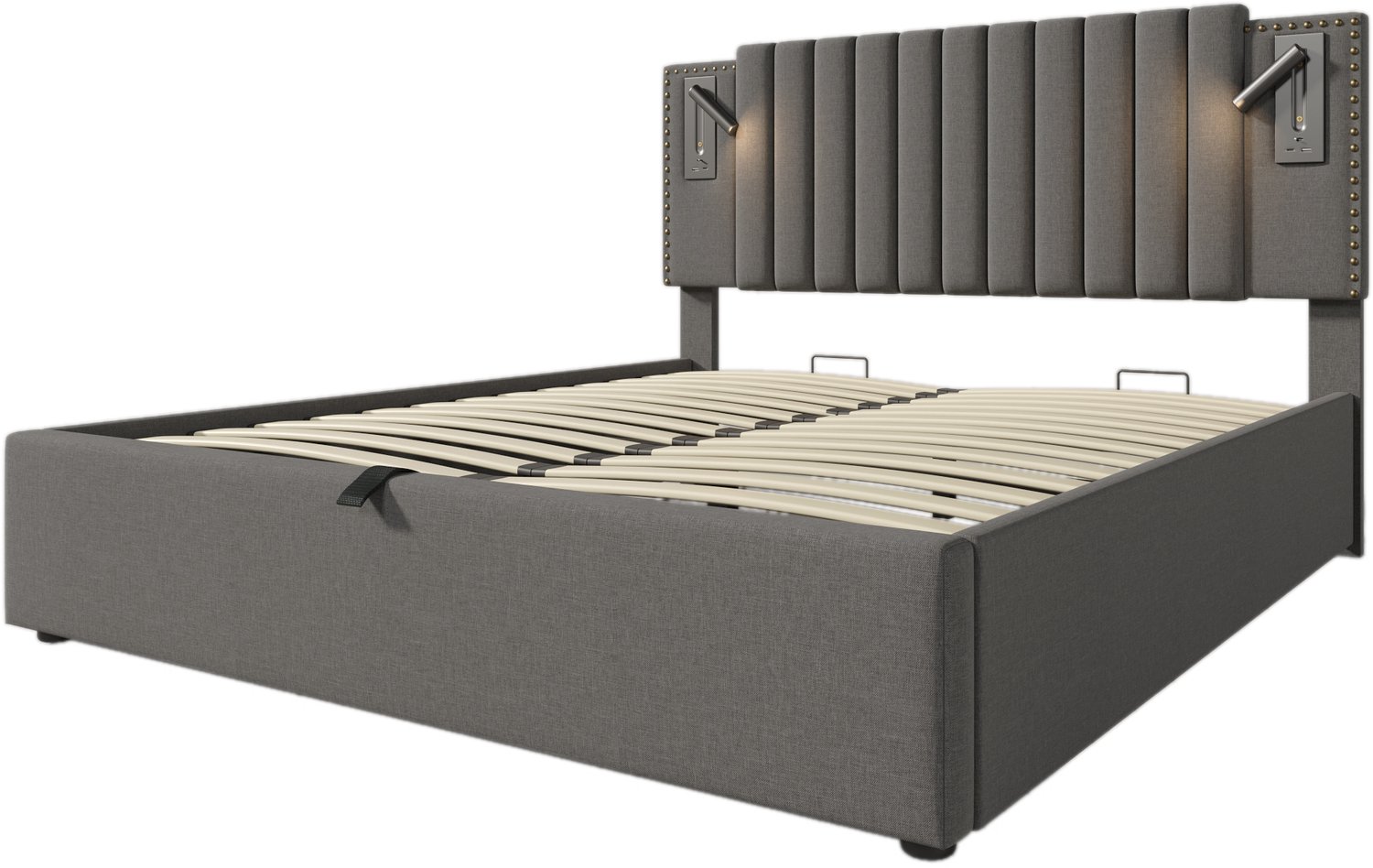 MUVANO Gestoffeerd opbergbed 180x200 - Tweepersoonsbed - Leeslampjes en USB-C - Katoen en stalen frame - Opklapbare lattenbodem - Slaapkamer grijs