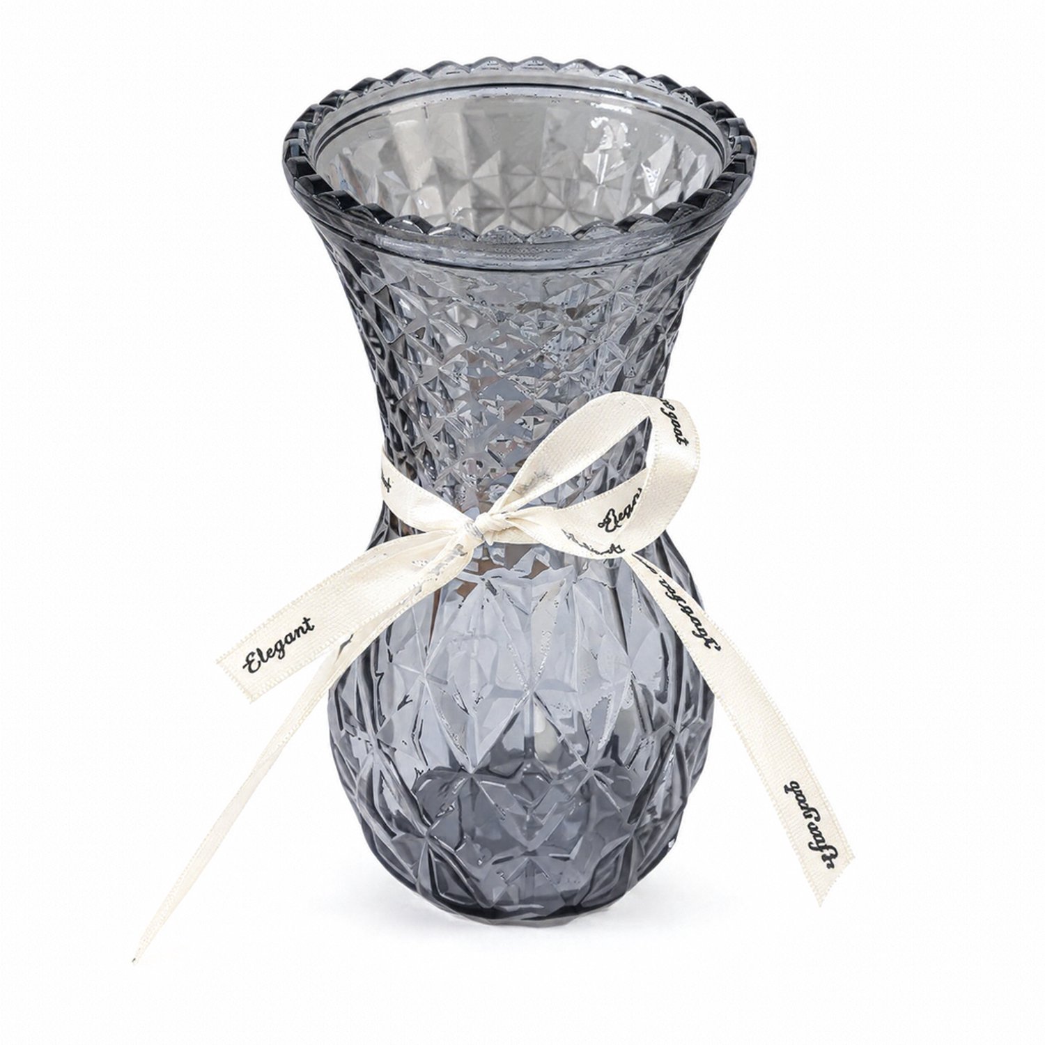 SWGOTA Rookgrijze glazen vaas met diamantreliëf - 15 cm hoog, opening 9 cm - Geschulpte rand, smalle taille en witte strik Donkergrijs