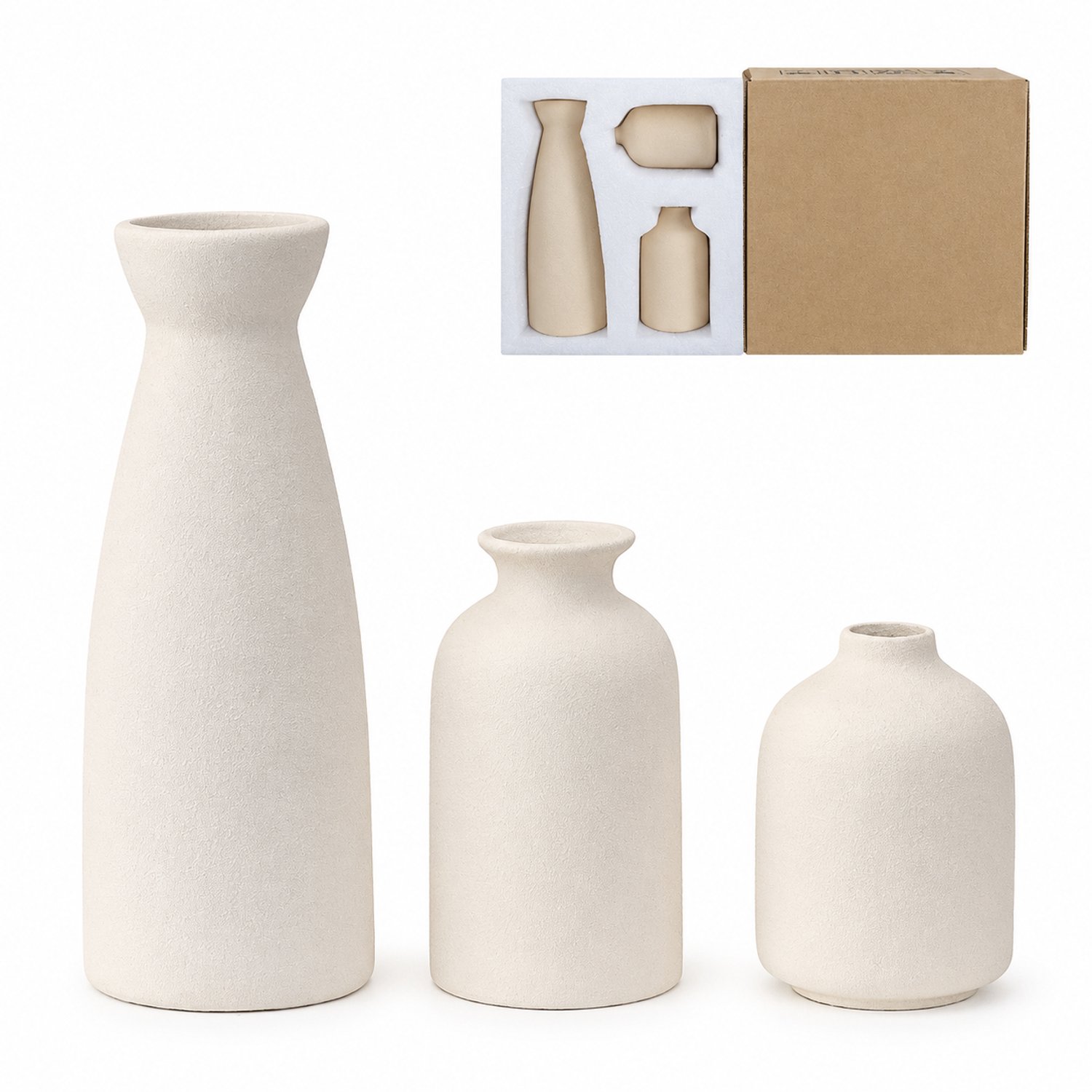 SWGOTA Keramische vazenset van 3, matwit, 22/12,5/9,5 cm hoog, voor kunstbloemen en decoratie, met schuimvulling en binnendoos