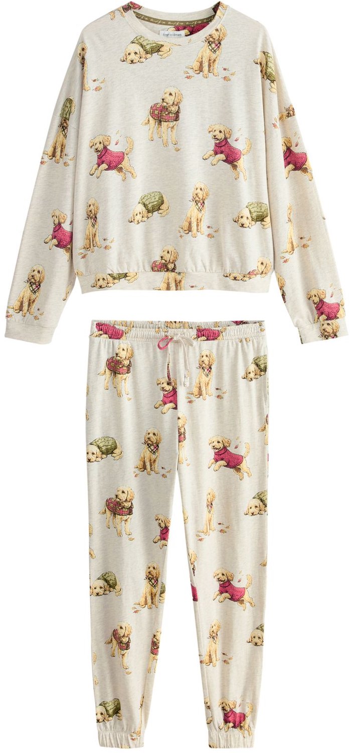 Next Dames - Petite pyjama met lange mouwen - Petite - Crème Oatmeal Autumnal Charlie The Cockapoo