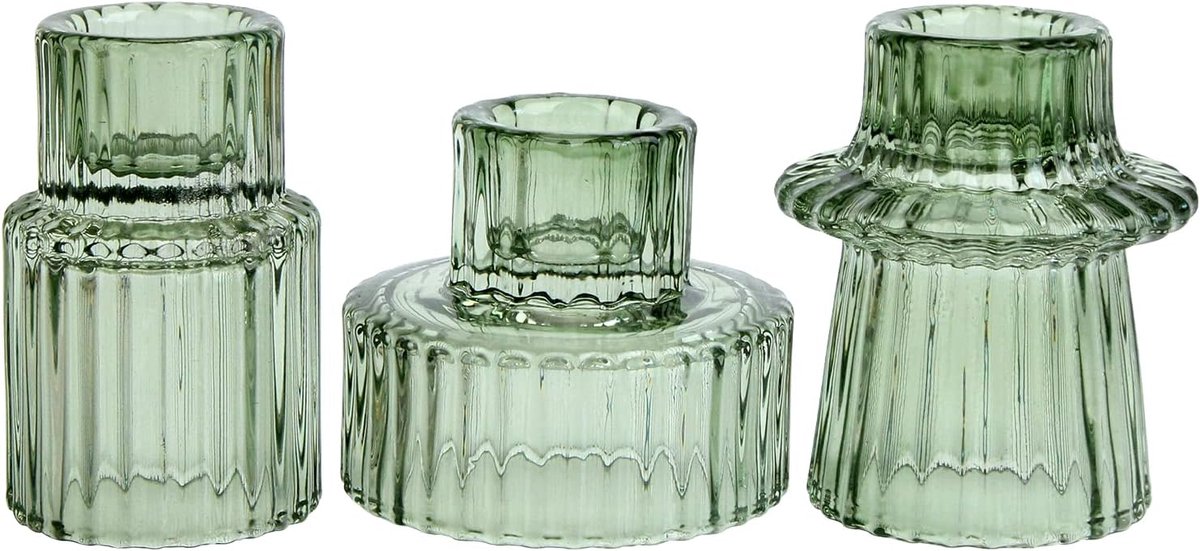 Glazen kandelaar, 2-in-1, theelichthouder, kaarsenhouder, taperkaarsen voor diner, bruiloft, vakantie, verjaardag, woondecoratie, Kerstmis (3 stuks lichtgroen)