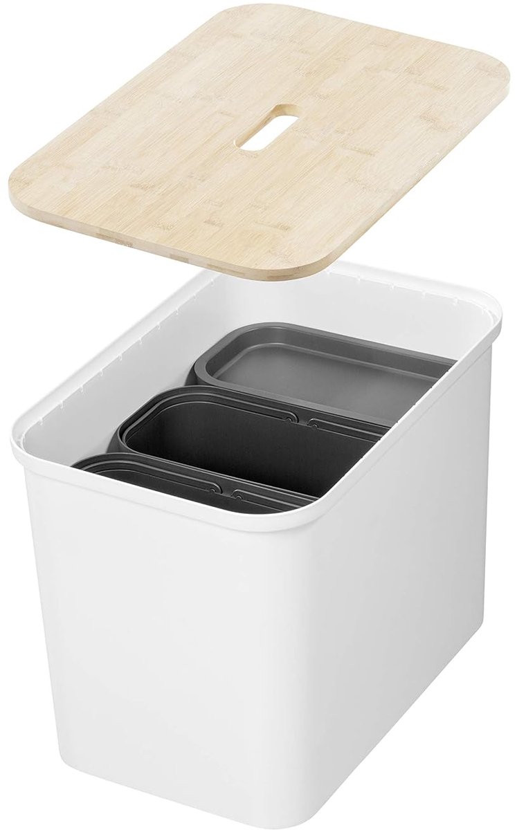 Prullenbak - 76 l grote keukenemmer met houten deksel, 3x 13L emmerinzetstukken, 2x kleine deksels - stevige recyclebakken voor keuken met 10 jaar garantie - witte keukenemmer (L57 x B 38 x