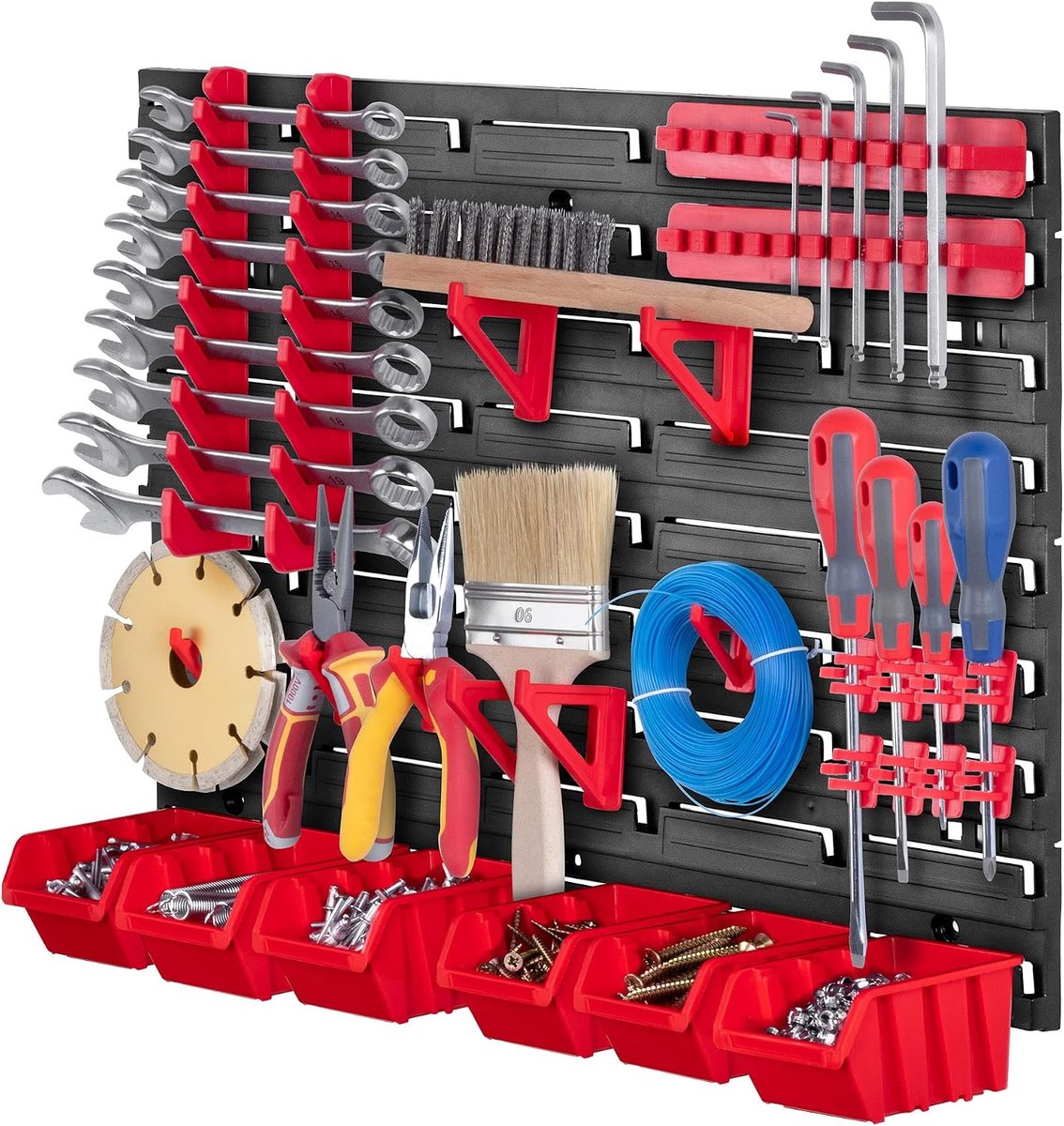 Werkplaatsrek 58 x 39 cm - Gemaakt van robuust kunststof - UV-bestendig opbergsysteem - Uitschuifbare wandplaten - Werkplaatsplank voor garage (rood, 26 stuks)