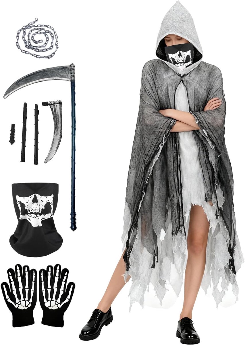 cape set, horror geesten cape, zeisman kostuums, Grim Reaper set, met sikkel, doodshoofdmasker, handschoenen, kettingen, eenheidsmaat, uniseks