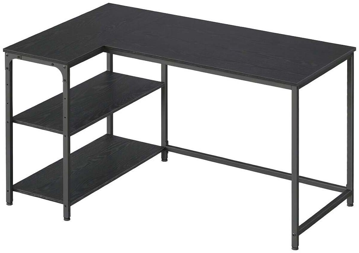 L-vormig bureau Computerbureau 120x80x76 cm Zwart Stevige stalen constructie Met verstelbare poten Opbergrek links of rechts te monteren Middelste plank met 3 verstelbare hoogtes Gemakkelijk te monteren Geschikt voor studeerkamer en kantoor
