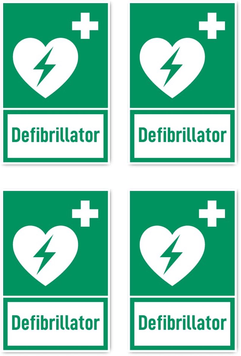 150x100 mm, 4 stuks - geautomatiseerde externe defibrillator (AED) - brandveiligheidssignalen met tekst (Duits) (rood/wit) - rechtop - F002 - DIN EN ISO 7010 / ASR A1.3