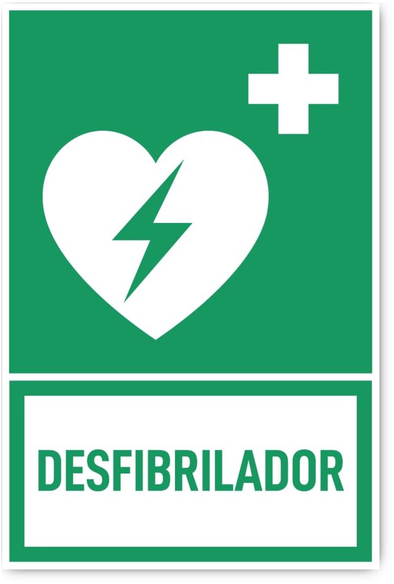 300x200 mm, 1 stuk - geautomatiseerde externe defibrillator (AED) - taal: Spaans - reddingsteken met tekst (groen/wit) - rechtop - E010 - DIN EN ISO 7010