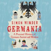 Boekomslag van "Germania", een persoonlijke geschiedenis van de Duitsers, met een kaart van Duitsland, een dubbelkoppige adelaar en verschillende afbeeldingen.