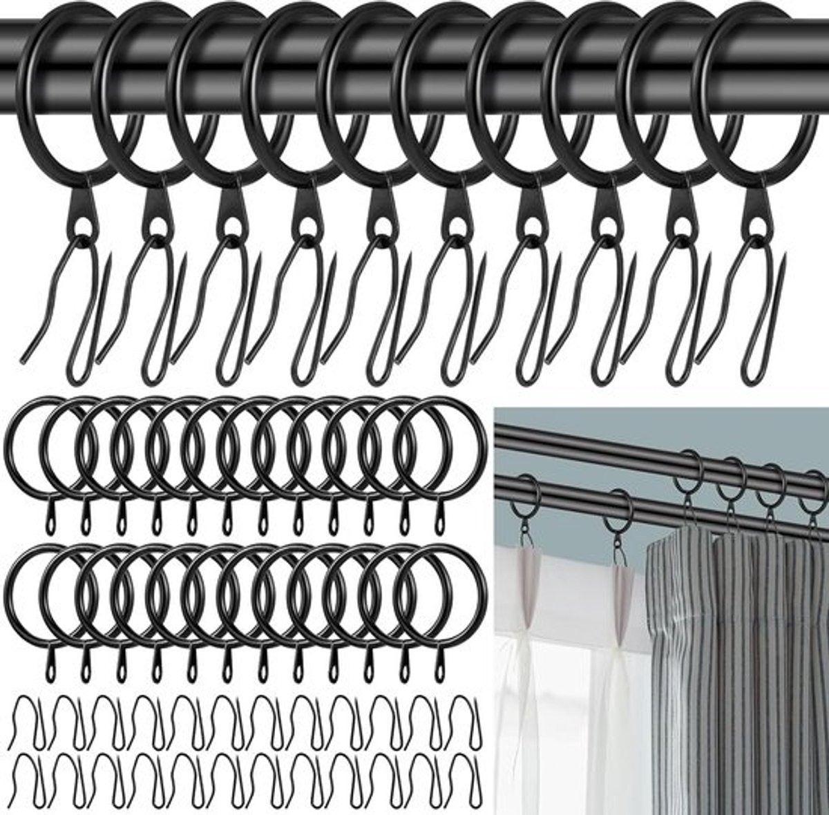 Set van 24 Zwarte Metalen Gordijnringen met Ophanghaken