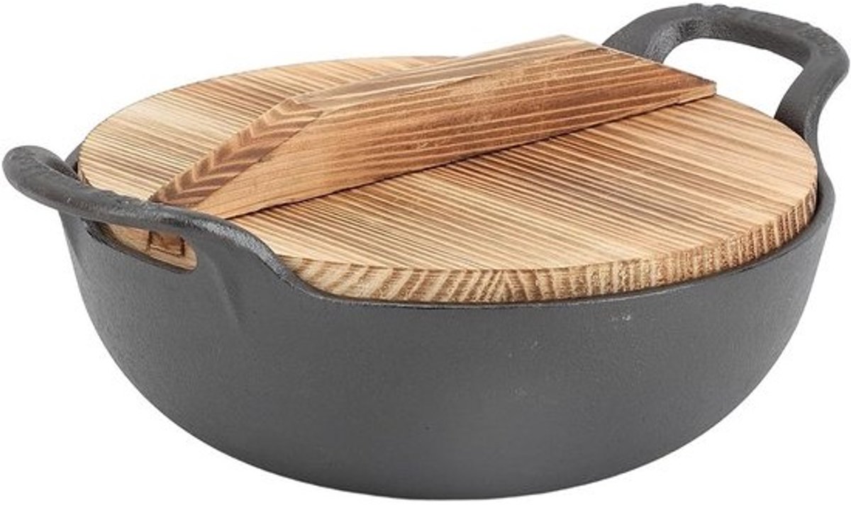 Gietijzeren Wokpan - Koekenpan - Authentiek Koken - Platte Bodem - 20cm - Zwart
