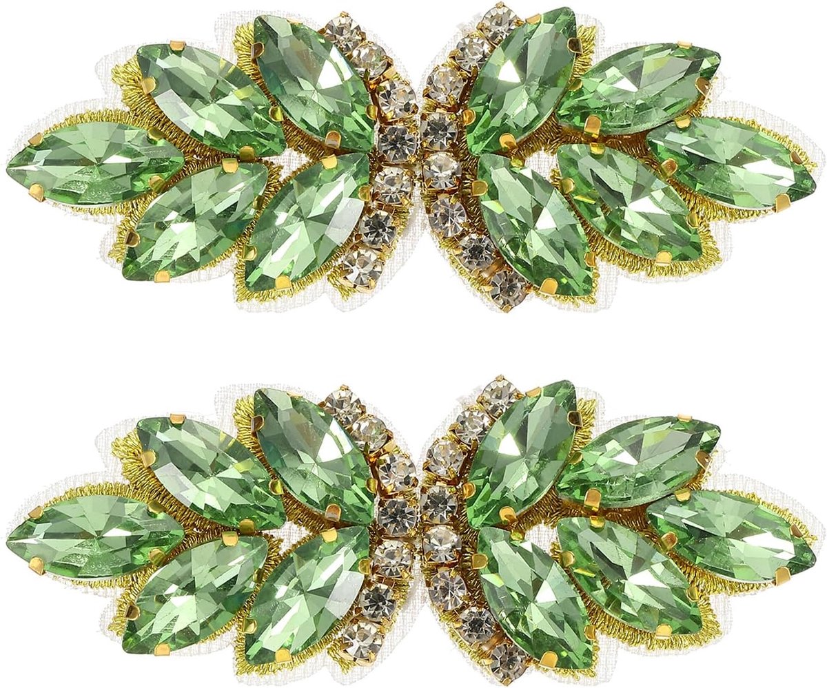 2 stuks kristallen strass-applicaties met de hand geborduurde kralen om op te naaien met kristallen voor bruidssjerp, bruidsjurk, schoenen, handtassen, groen/lichtgoud, 2 stuks