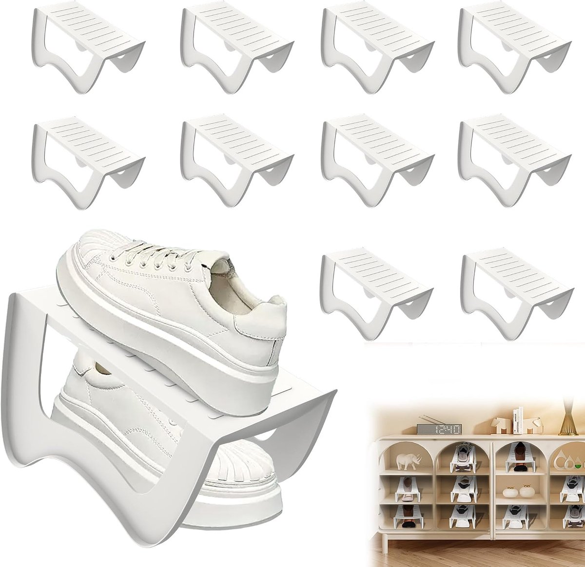 20 stuks dubbellaagse schoenenhouders, schoenenorganizer, 25 x 14,5 x 14 cm, schoensleuven, ruimtebesparend, antislip schoenenrek, schoenen, opbergkast voor woonkamer, thuis, wit
