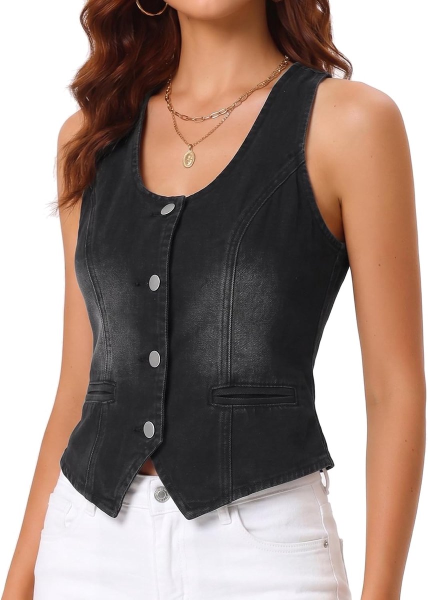 K Damesvest, denim, mouwloos, U-hals, knopen en zakken