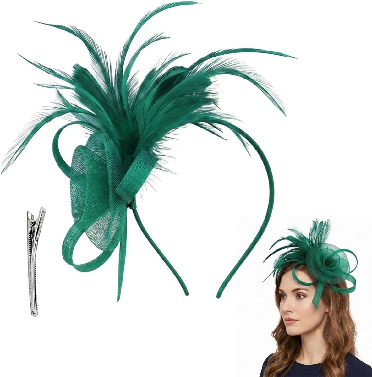 fascinator met clip, elegante kant, veer, netten, voor bruiloften, cocktails, kerk, tuinfeesten, één maat