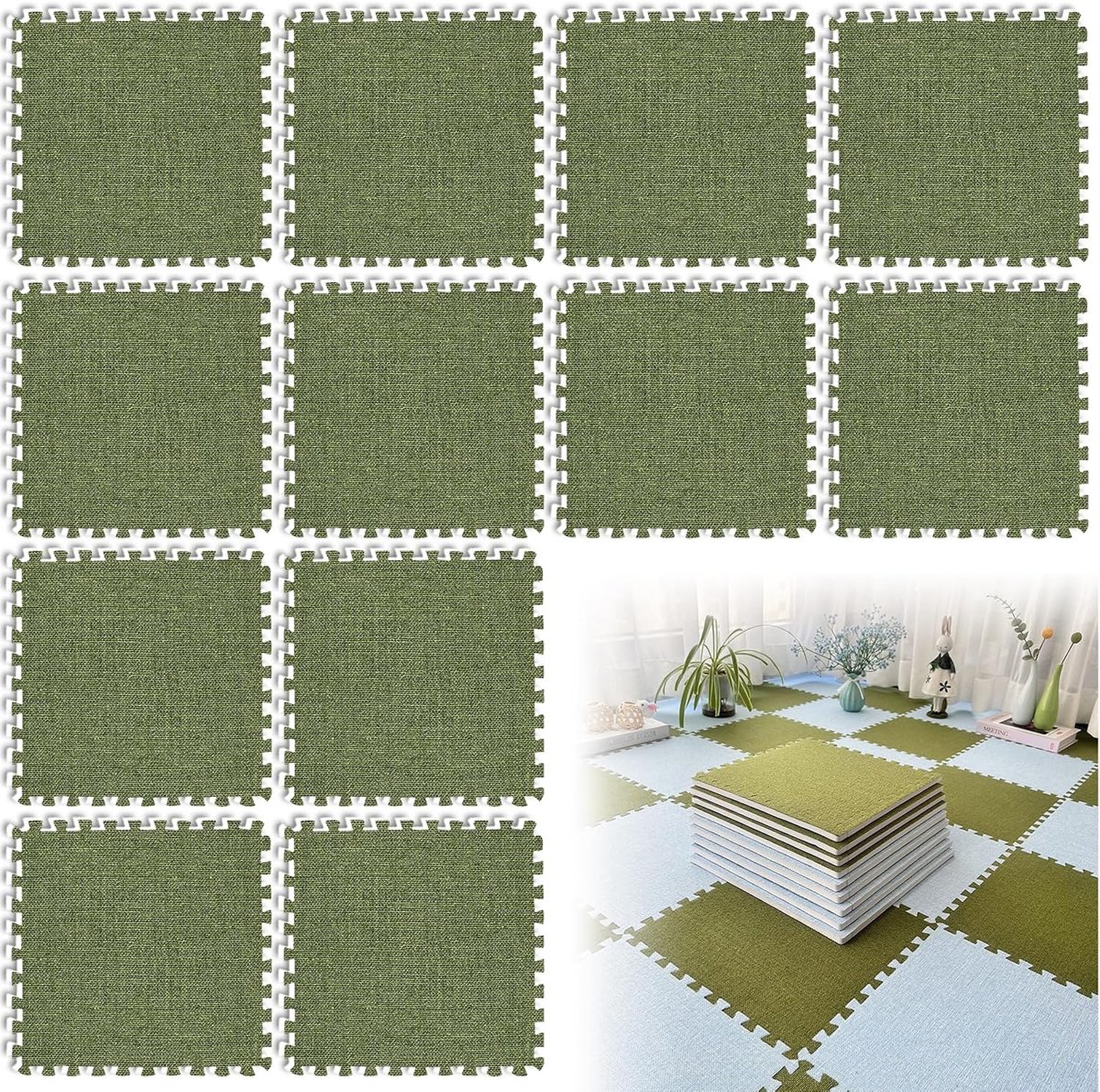 12 stuks in elkaar grijpende linnen schuimrubberen matten, 30 x 30 cm, schuimrubberen puzzelmatten, 1 cm dik, wollig, woonkamer, slaapkamer, tapijttegels, vloertegels voor spel, legergroen