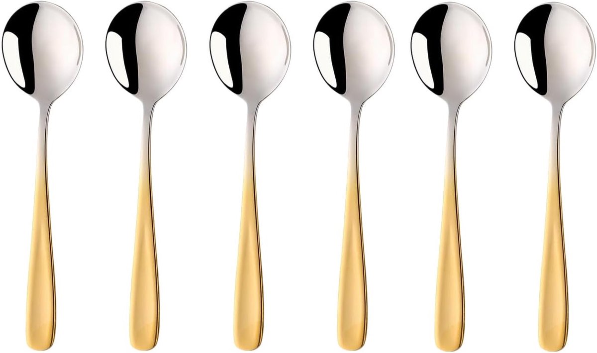 mueslilepel, 18/10 roestvrij staal, soeplepel, 6 stuks, menulepel, lengte 17,5 cm breed, 4,5 cm, eetlepel, soepkoplepel, voor pap, dessertlepel, souplepels (kleurverloop goud)