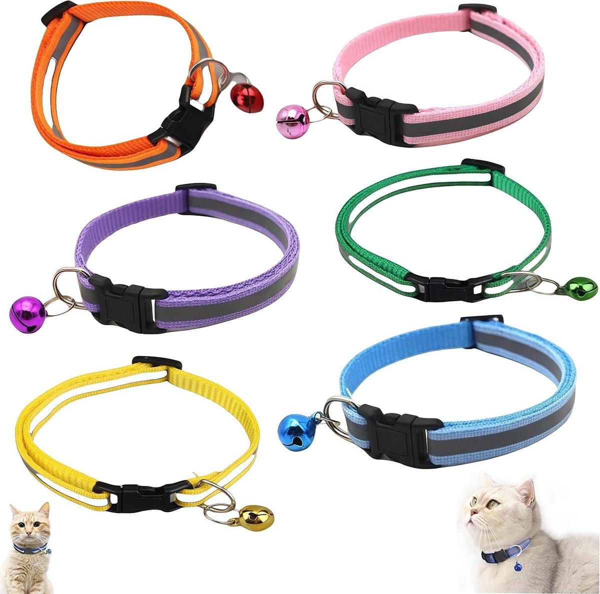 Set van 6 Reflecterende Kattenhalsbanden, Verstelbare Halsbanden met Bel en Veiligheidssluiting voor Kittens en Kleine Honden
