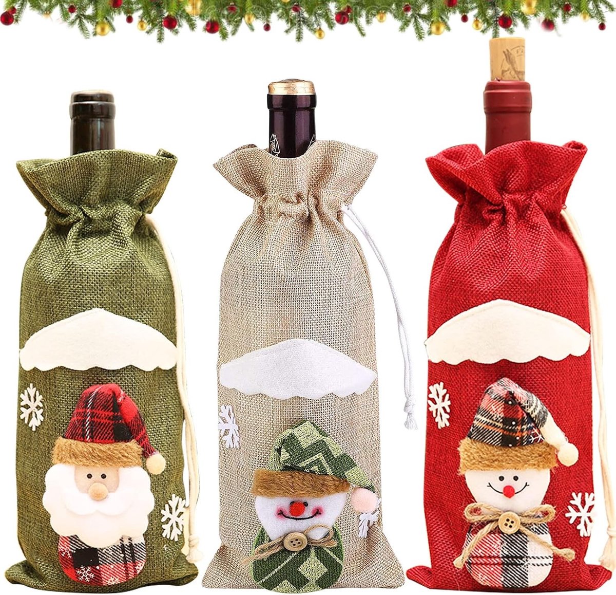 3 Stuks Kerst Fleshoezen voor Wijnflessen - Herbruikbare Wijn Cadeauzakken voor Feestdagen, Diner en Tafelversiering