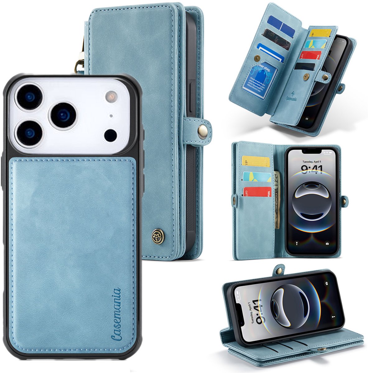 Casemania Hoesje Geschikt voor Apple iPhone 18 Pro Max - Aqua Blue - Geschikt voor MagSafe - Luxe Kunstlederen 2 in 1 Kunstlederen Portemonnee Book Case met Extra Vakken