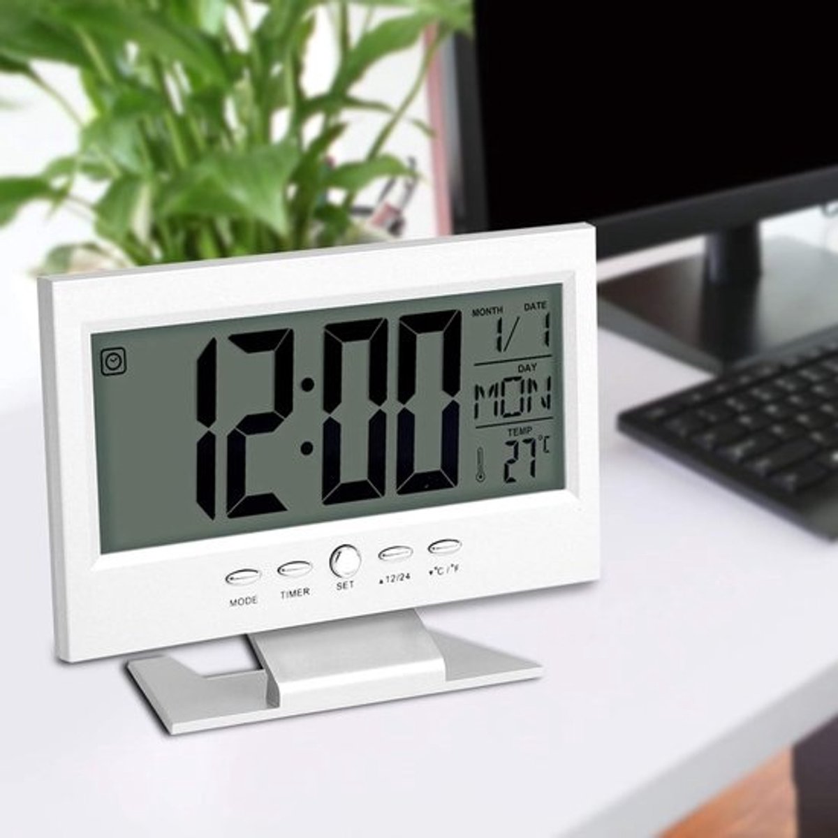 Elektrische Wekker LCD Display Digitale Geluidssensor Nachtlicht Tafelwekker Kalender Temperatuur Datum Zilver