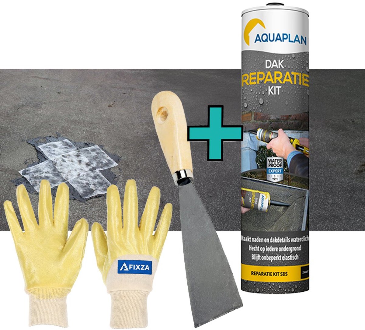 Aquaplan Dak-Reparatie - set -Kit – Waterdichte Elastische Dakreparatie Pasta voor Bitumen Dak en Dakgoot - 310 ml