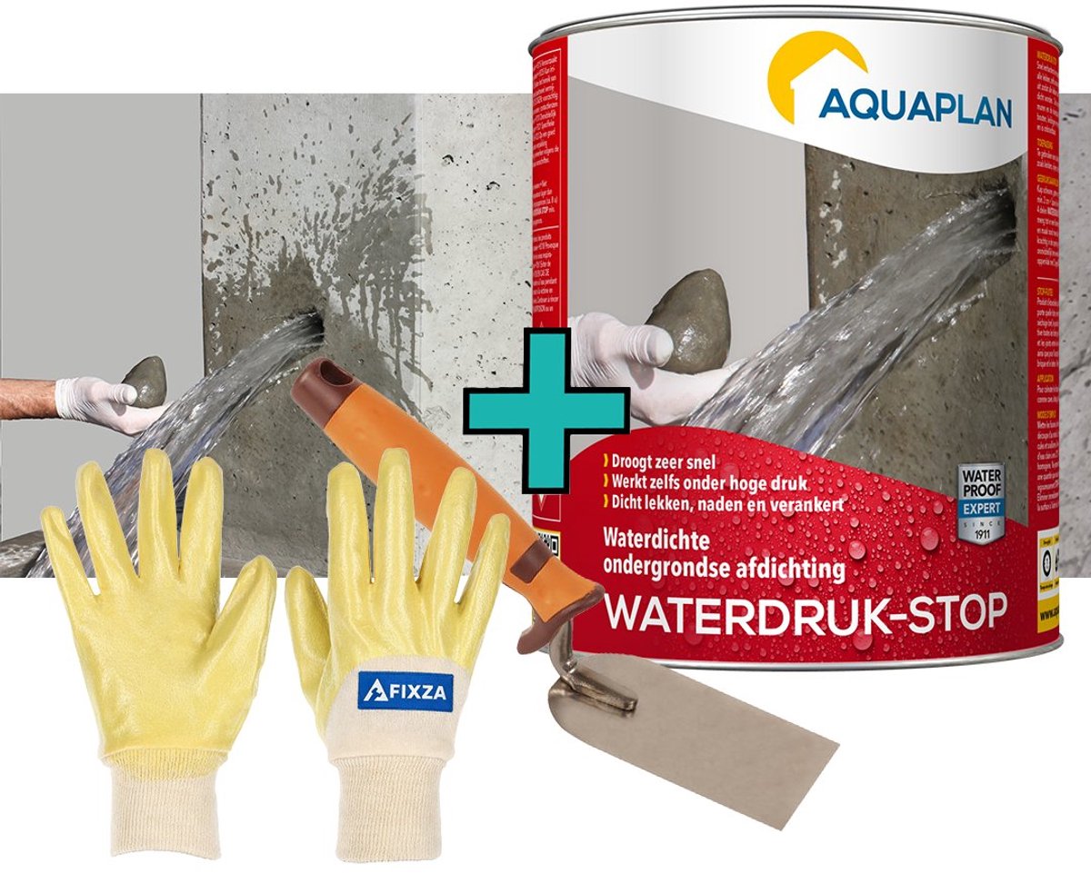 AQUAPLAN Waterdruk-Stop – set – Snelhardend Waterdicht Cement voor Actieve Lekken in Kelder, Beton en Metselwerk – 5 kg