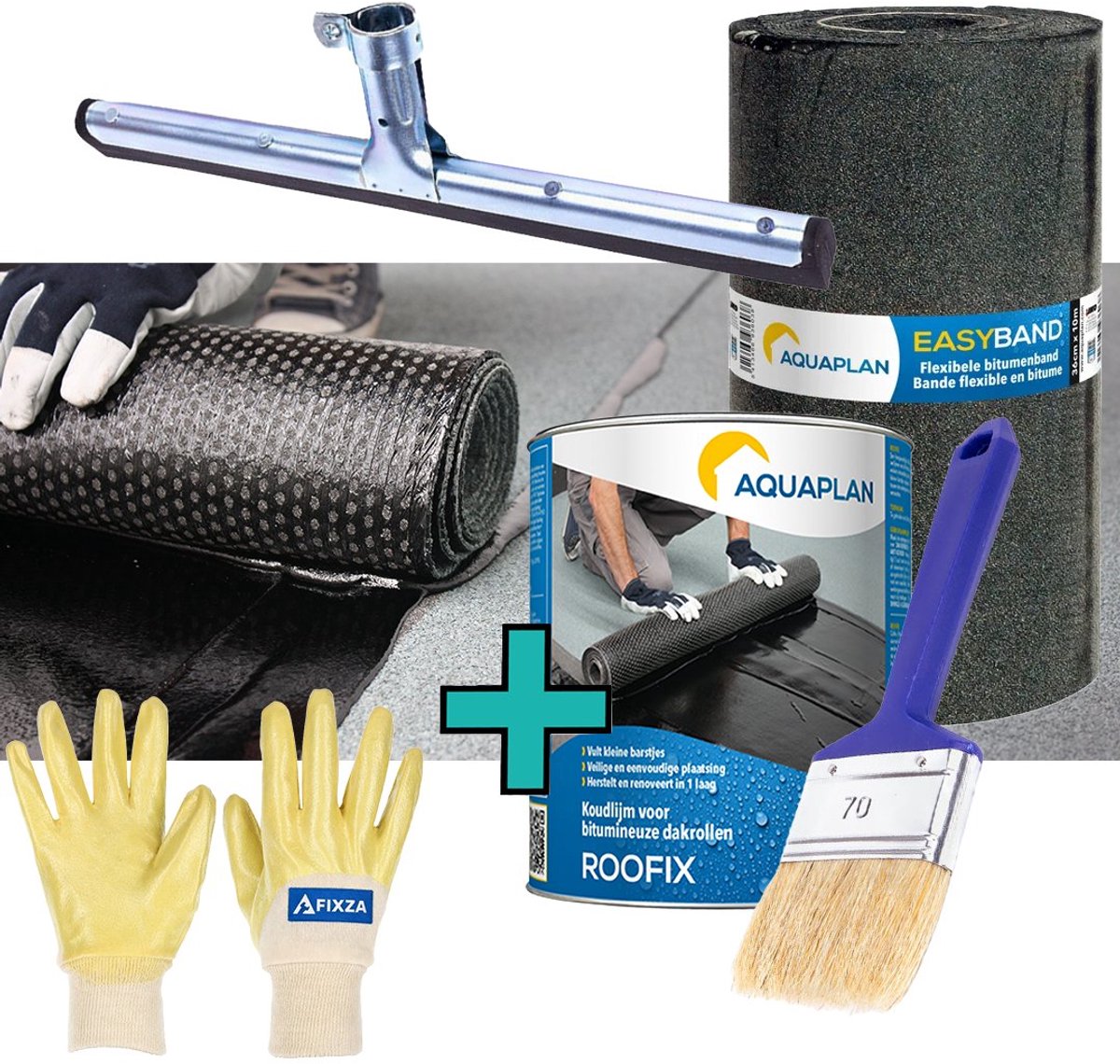 AQUAPLAN Easy-Band Flexibele Bitumenband – set met Roofix 1 kg – Waterdichte Reparatieband voor Dak, Dakrand, Schoorsteen en Muur – 10 m x 9 cm
