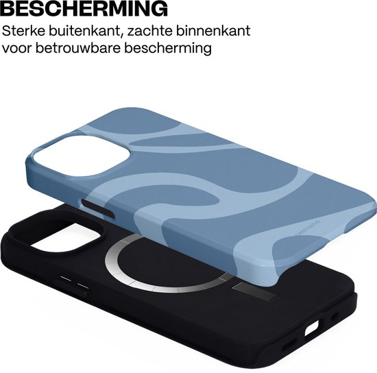 Blauw telefoonhoesje met golvend patroon, zacht aan de binnenkant.