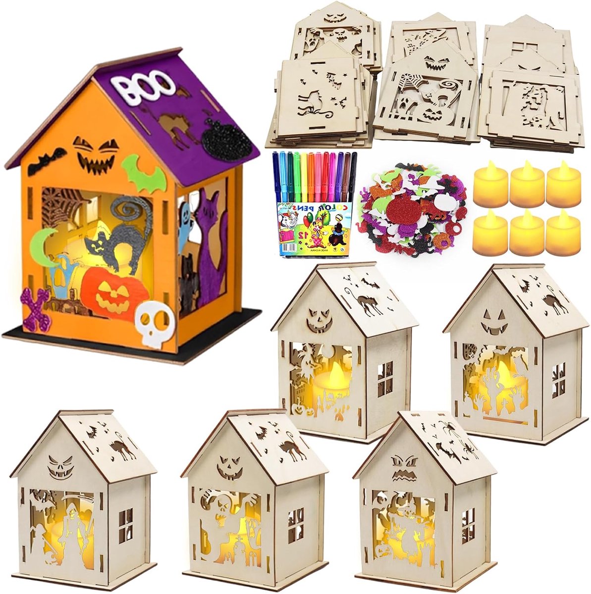 huis knutselset voor kinderen, 6 stuks houten knutselhuis met led-kaarsen, doe-het-zelf creatieve sets Halloween decoratie knutselset met aquarelstiften, stickers voor Halloween, feest