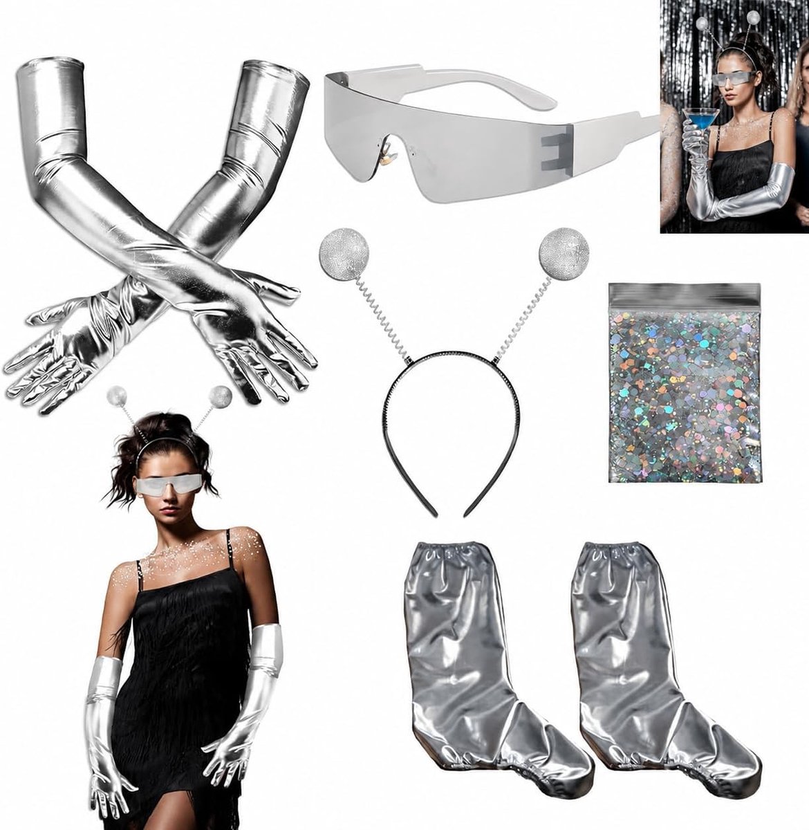 alien kostuum set 5-delig voor volwassenen, ruimte verkleedset met haarband, zilveren bril, handschoenen, kousen en glitter voor Halloween, carnaval en themafeest