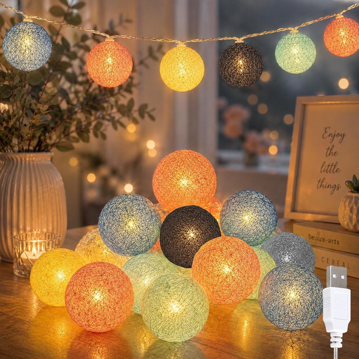 Led-lichtsnoer met katoenen ballen, 300 cm, 20 leds, USB-voeding, katoenen bollen, lichtketting voor Kerstmis, bruiloft, kinderkamer, feestdecoratie