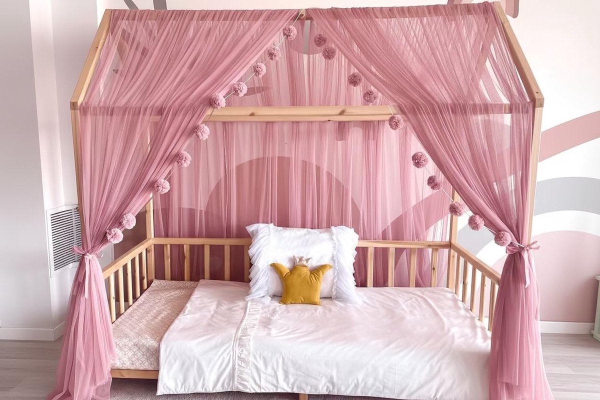 Fancyroom Huisbed, hemel, oudroze voor kinderbed, kinderkamer, baldakijn, bedgordijn, bedhemel voor meisjes, prinsessenkamer (hemeloudroze zonder vlinders, 380 cm)