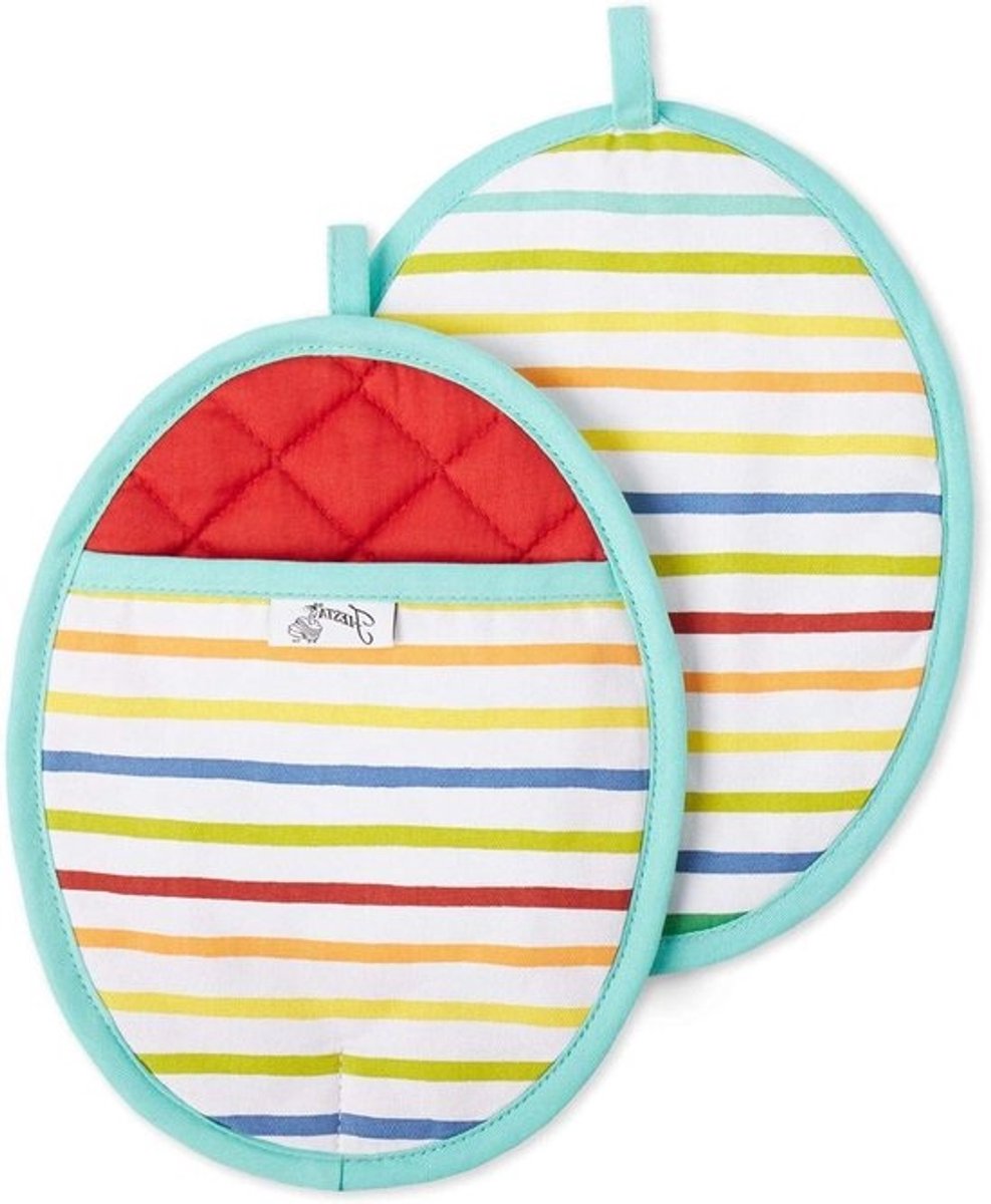 Keukenhandschoenen Set - Ovenwanten - Koken en Bakken - Tropisch Streep Design - 20x25 cm - Multicolor