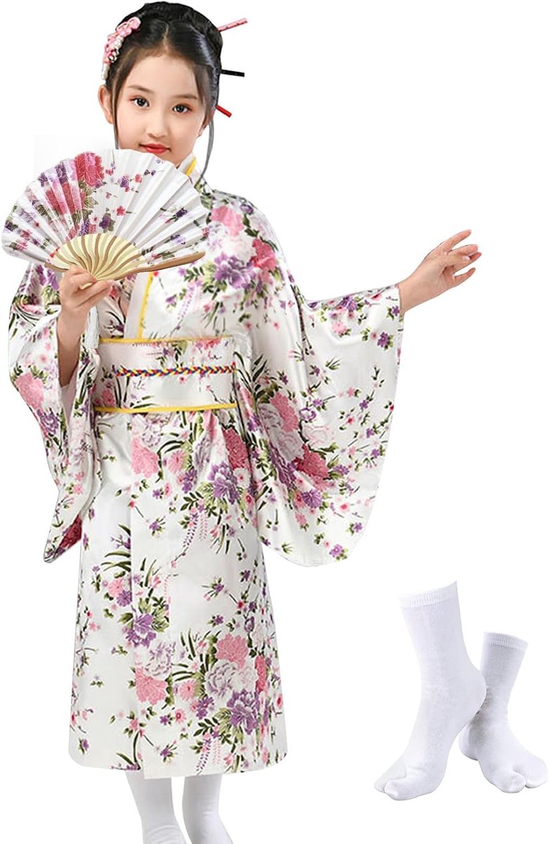 kimono voor kinderen, traditionele Japanse stijl, Sakura Yukata-jurk voor meisjes, imitatie zijde satijnen kimono-gewaad, meisjes, cosplay kostuum, feestjurk, met plooien fan en tabi-sokken