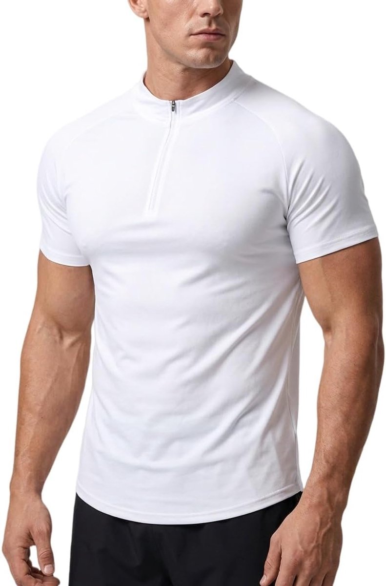 Kwart Zip Pullover Tops Korte Mouw Slim Fit Mock Neck Stretch Sport T-Shirt