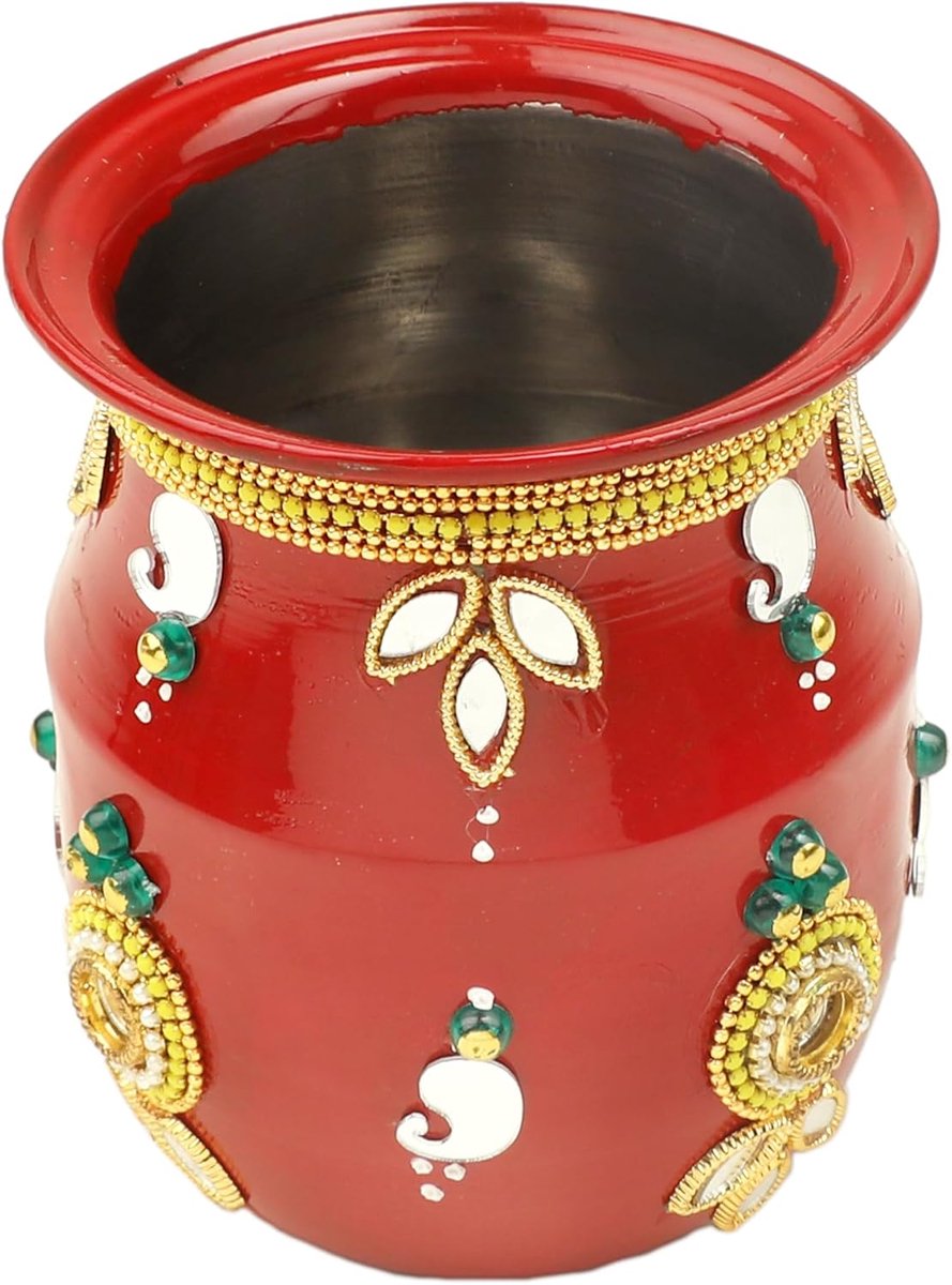 Kalash Lota Pot Utensil Drinkware for Pooja Puja Kit Indian Traditional New year Decoration Festival Purpose Temple Home office Pure Brass Vessel Lota Gift Pooja Item(Size:-4")(Red)
