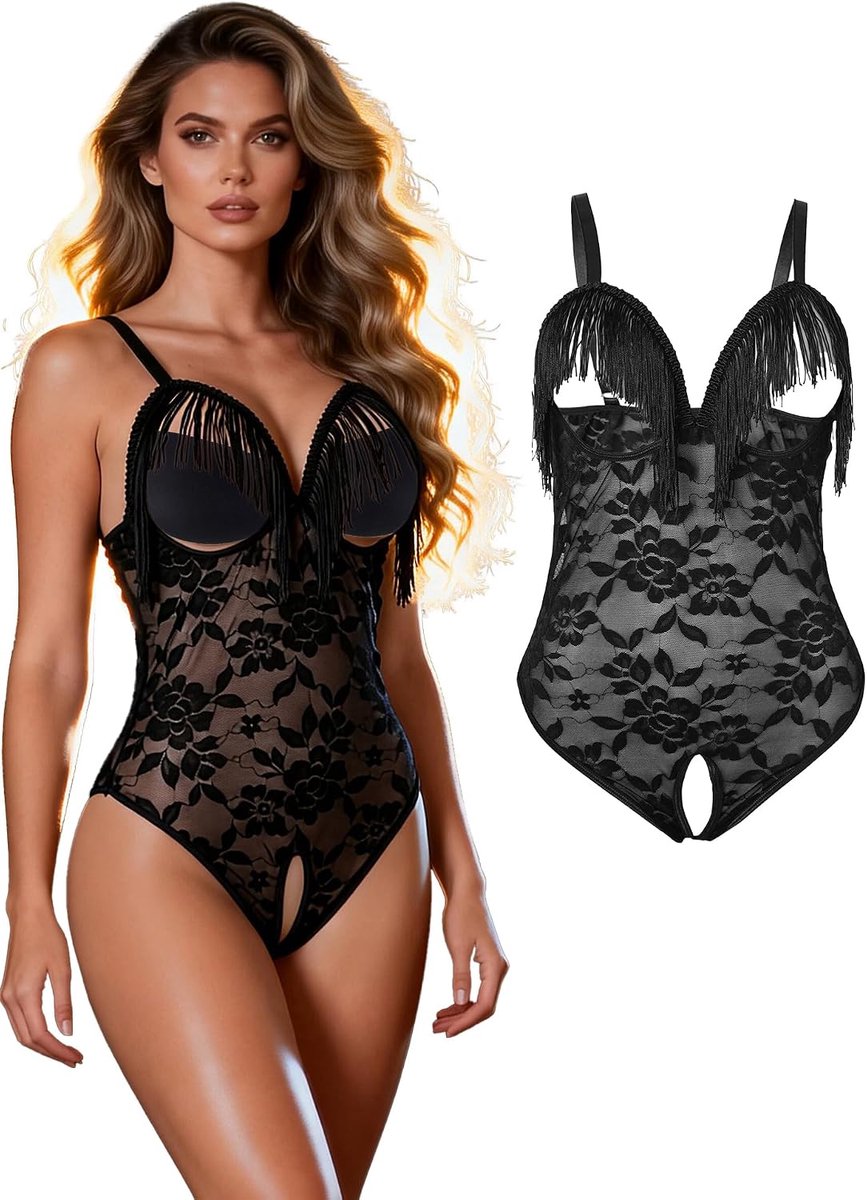 Body voor dames, grote maat, lingerie, kant, ademend, Zwart, XS