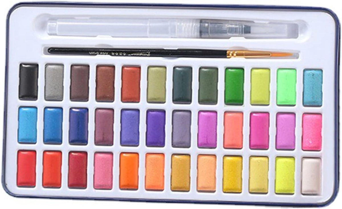 Dailygoods- Aquarelverfset 36 Kleuren - Draagbaar Metalen Blik - Premium Kwaliteit - Penseel Voor Beginners - Levendige Kleuren - Veilig Opbergvak - V