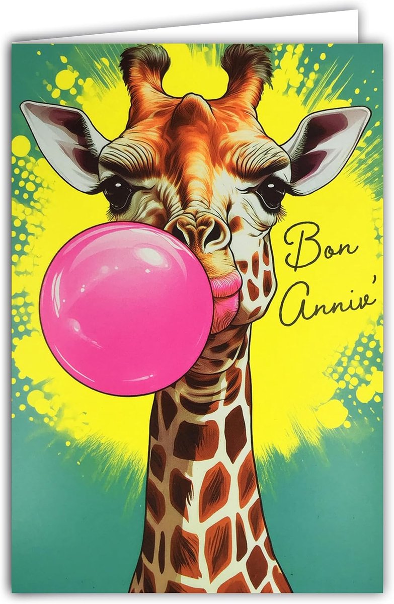 69-8108 Fluo-kaart met envelop, 12 x 17,5 cm, illustratie giraf, die een roze kauwgom bubbel, kauwgom, kauwgom maakt, echte fluo-inkten, gemaakt en geproduceerd in Frankrijk