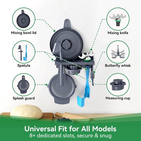 pbergrek aan de muur voor Thermomix TM6/TM5/TM31 – wandgemonteerde multifunctionele houder voor mengmes, spatel, roerhulpstuk, borstel en deksel – TM6-accessoires, 8+ Accessoires (Boorba) — afbeelding 4