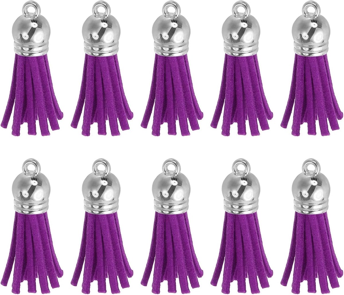 48 stuks lederen kwasten voor sleutelhangers, bedels, armbanden, sieraden maken, handwerk, doe-het-zelf decoratie (3,8 cm), paars rood / zilveren kap