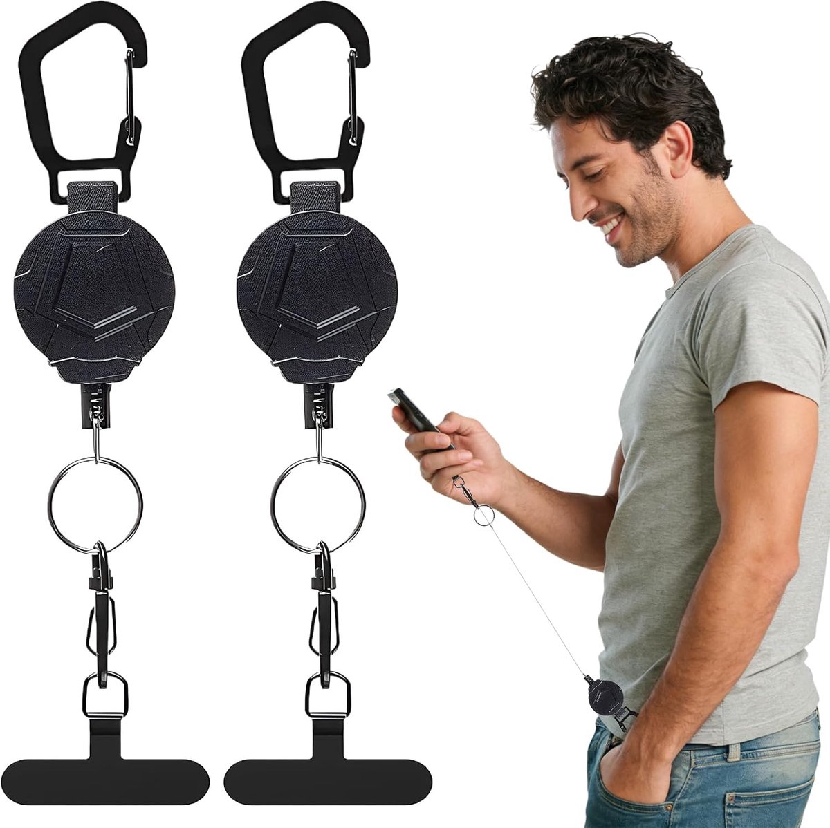 omhangkoord voor mobiele telefoon, intrekbare diefstalbeveiliging voor mobiele telefoon, duurzaam, geschikt voor smartphone, portemonnee, sleutelhanger (zwart)