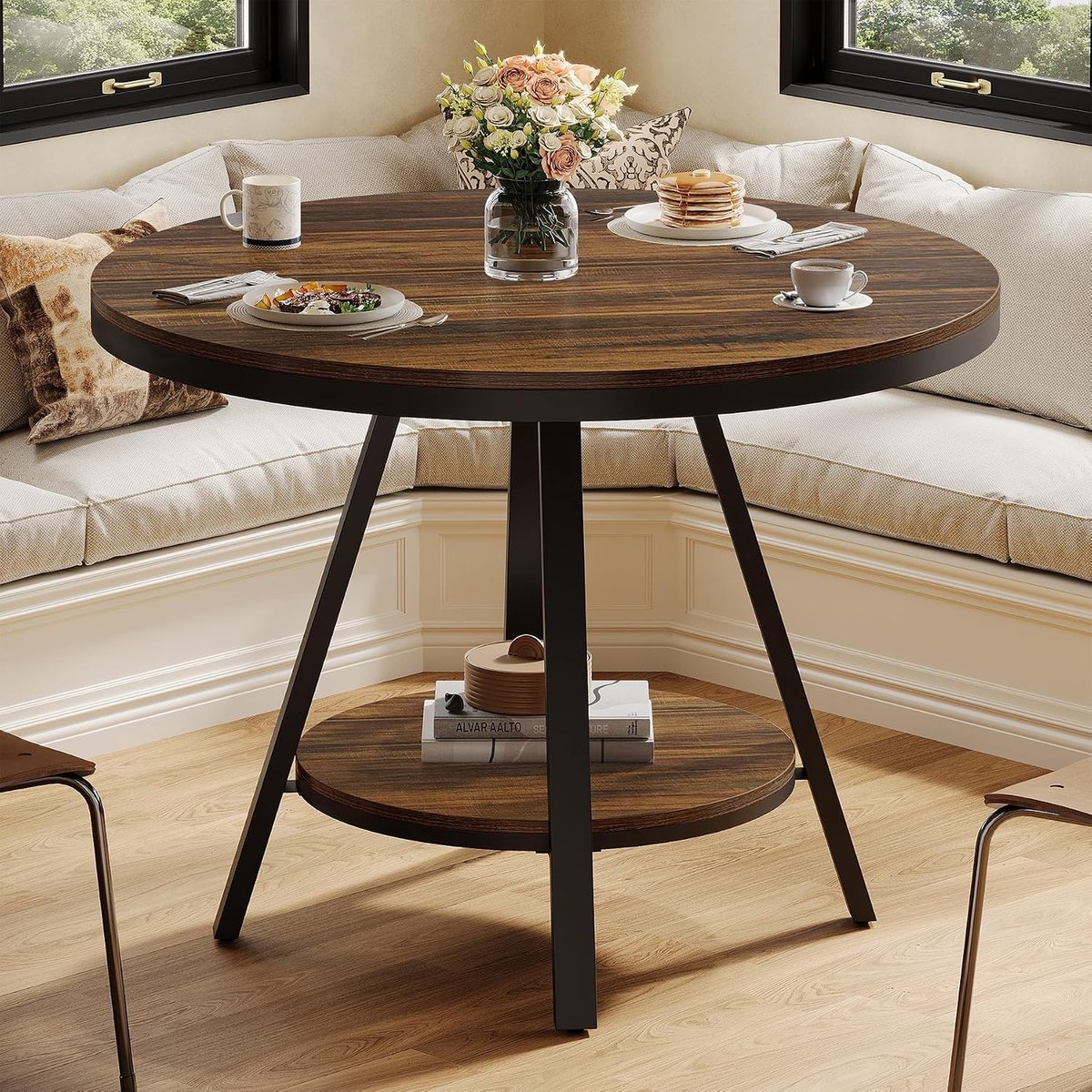 Kleine ronde eettafel voor 2-4 personen, 2-traps industriële keukentafel met stevige metalen voet, 90 cm diameter, eetkamertafel en eetkamermeubels, rustiek bruin (alleen tafel)