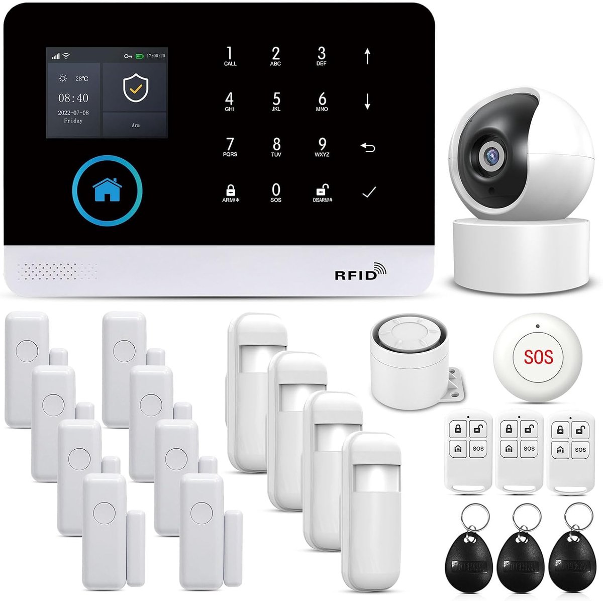 Alarmsysteem voor Thuisbeveiliging, GSM WLAN Tuya Smartlife APP, met 1080p bewakingscamera, deursensor, bewegingsdetector, alarmsystemen, werkt met Alexa Google Assistant