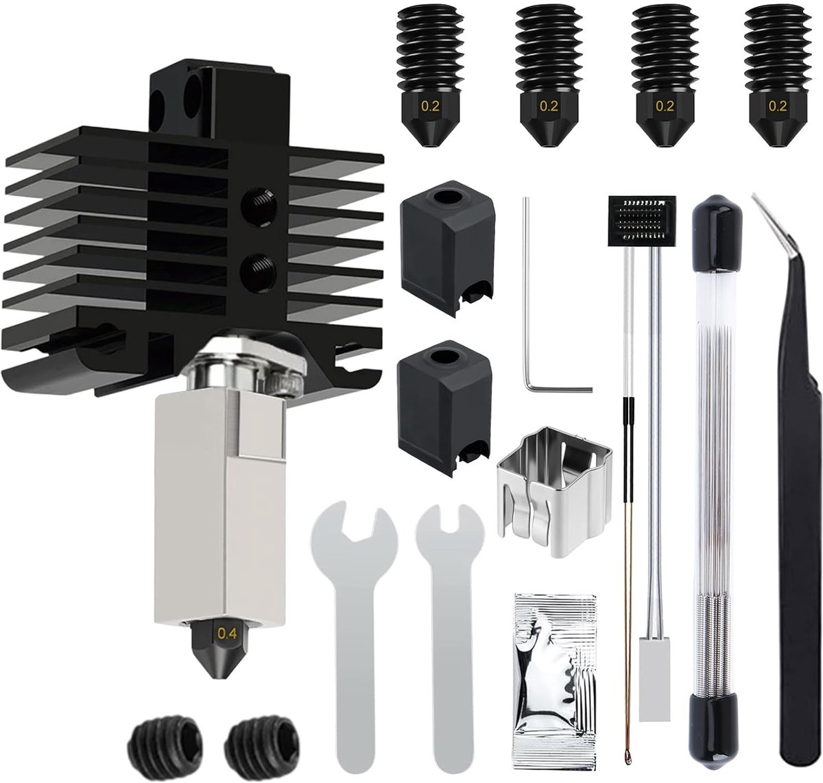 36 stuks P1P, P1S hotend complete set voor 3D-printers P1-serie, P1S hotend kit met 4 0,2 mm gehard stalen mondstukken van gehard staal, siliconen sok, thermistor, reinigingsnaalden